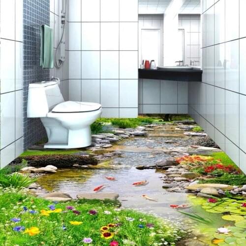Large Custom PVC Self-adhesive Photo Scenery Wallpaper River Flower Fish 3d Floor Mural Sticker for Toilet Washroom Outdoor