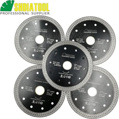SHDIATOOL 5pcs Diameter 5" Hot pressed sintered Mesh Turbo Diamond Saw blade Diamond Wheel Hard material Dry /Wet Cutting Disc