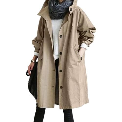 2021 Women Trench Coat Spring Autumn Solid Color Pocket Hooded Windbreaker Plus Size Long Trench Coat Outerwear Overcoat