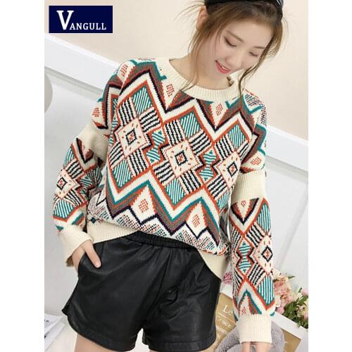 VANGULL high quality Sweater Spring Autumn Loose Knitted Sweater Geometric Embroidery Pullover Women O-Neck Sweater female Tops