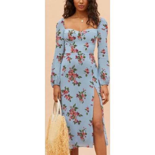 Vintage Women Floral Print Split Midi Dresses Long Sleeve Chic Bodycon Dress Female Square Collar Elegant Party Dress