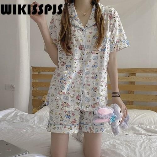 WIKISSPJS Pajamas Womens Summer 2021 New Lovely Japanese Two Piece Suit Pajamas for Teen Girls Kawaii Pajama Loungewear