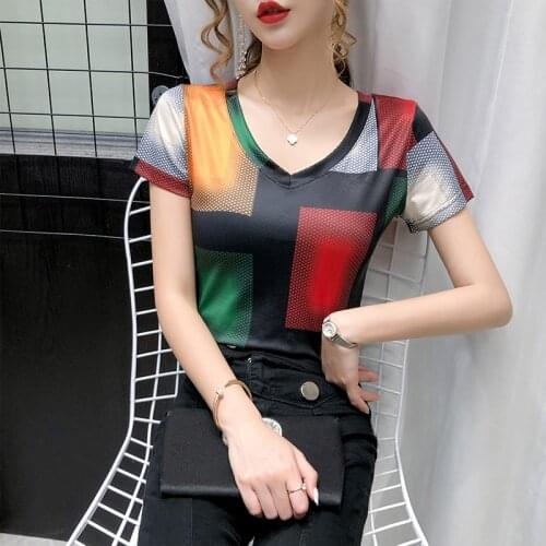New 2020 summer t shirt women vintage v-neck short sleeve printed tee shirt femme color plaid t-shirt women tops ropa mujer