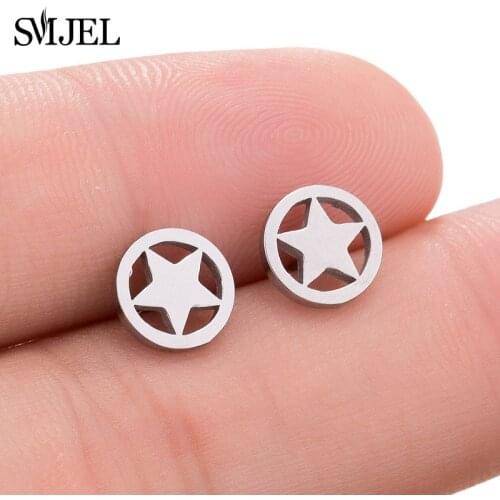 SMJE Fashion Stainless Steel Star Earrings Small Circle Round Black Star Earring Black Punk Star Women Girl Party Wedding Gift