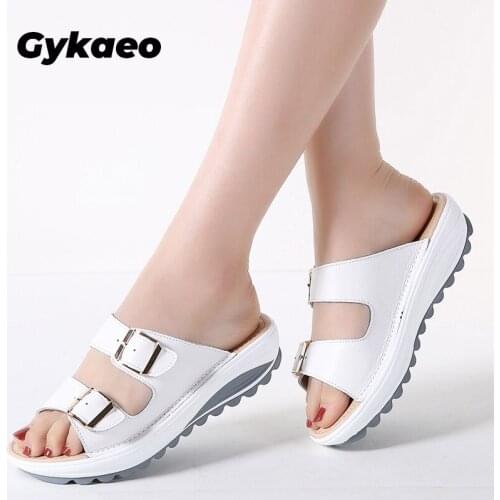 Gykaeo 2020 Women Slippers Buckle Real Leather Slides Shoes Solid Thick Sole Heels Beach Sandals Women Outside Flip Flops Summer