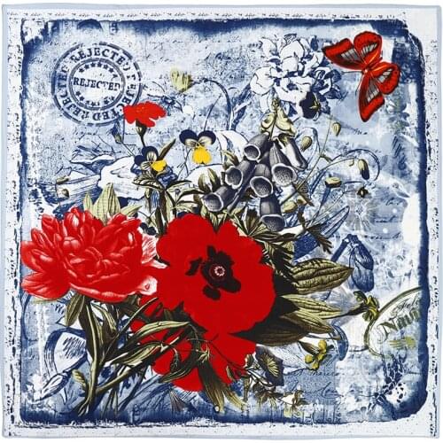 POBING 100% Silk Scarf Women Spain Large Shawls Flowers Print Stoles Square Bandana Luxury Kerchief Scarf Female Foulards 130CM