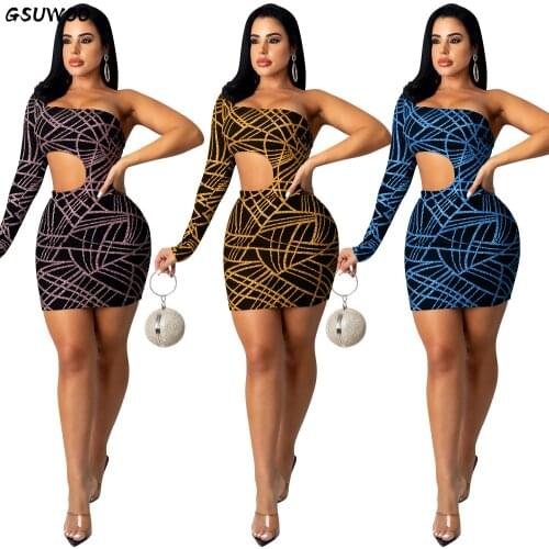 Gsuwoo Line Print One-shoulder Long Sleeve Dresses Women Waist Hollow Out Slim Fit Bodycon Lady Dress Party Club Mini Vestido