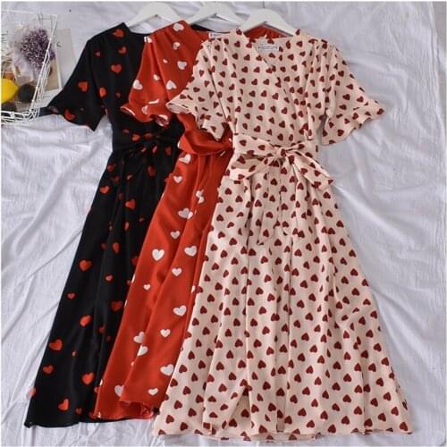 Sweet and Gentle Wind Dress 2021 Summer New Style V-neck Short Sleeved Slim Mid-length Heart Shaped Print Slim Dress Women