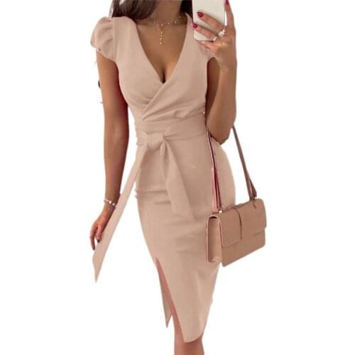 2021 Sexy Lace-up Women Dress Deep V-neck All Match Breathable Puff Short Sleeve Split Midi Dress Sundress for Summer Travel