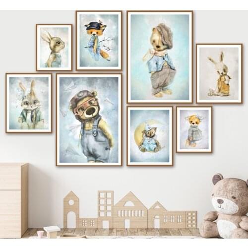 Watercolor Bear Rabbit Fox Dog Boy Girl Nursery Wall Art Canvas Painting Nordic Posters And Prints Decoration Pictures Baby Room