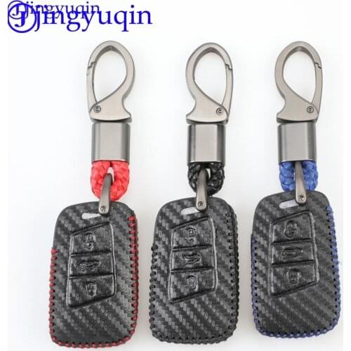 Jingyuqin 3-button carbon leather fiber car key case for Volkswagen Skoda superb Magotan Passat B8 A7 Golf Smart Key
