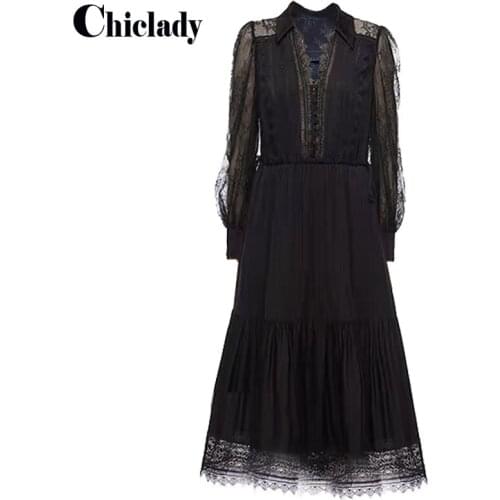 CHICLADY 2021 Spring new fashion black lace hollow out buttons long sleeve midi A-line dress women party casual dresses vestidos