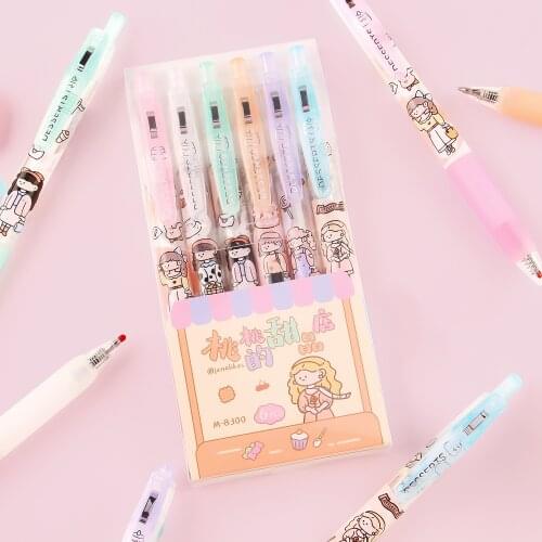 Dimi 6 Pcs Kawaii Cute Press Type Black Ink Ballpoint Pen Signing Pen Exam Writing Pens Kids Gift School Office Supplies