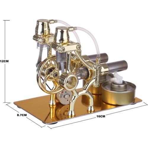 L-Type Double-cylinder Stirling Engine Generator Model Science Experiment Educational Toy with LED Diode and Bulb - Golden