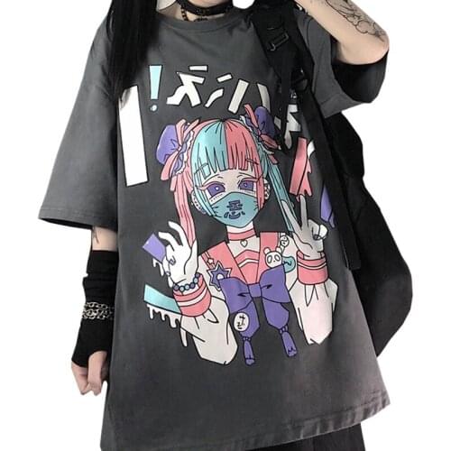 ZuoLunOuBa Summer Fashion Women T Shirt Anime Japanese Harajuku Bow-knot Demon Little Girl Print Girl Tees Gray Tops Female