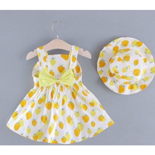 Hot Selling Summer Sweet Baby Girl Dress Kids Dresses for Girls 2 Pcs Bow Strawberry Print Sleeveless Girls Dresses+hat 0-24M