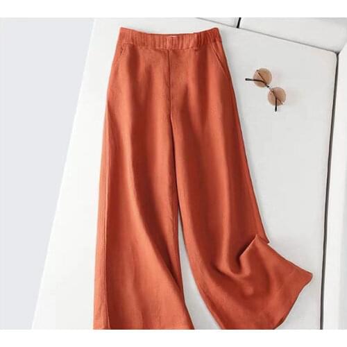 Literary retro cotton linen wide-leg trousers ladies loose plus size show slim high waist drape linen straight casual pants