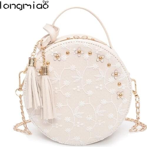 Longmiao Sweet New Lace Round Handbags High Quality PU leather Women Crossbody Bags Female Small Fresh Flower Chain Shoulder Bag