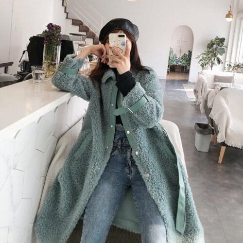 MENINA BONITA 2021 Weave Real Natural Wool Fur Coat Winter Jacket Women Turn-down Collar Belt Loose Single Breasted Streetwear