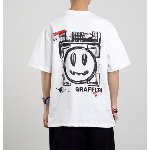 Happy Smile Grimace Smiling Face Short Sleeve Graffiti Cotton TEE Black White T-shirt Cotta Street Fashion Pane Square Frame Guy