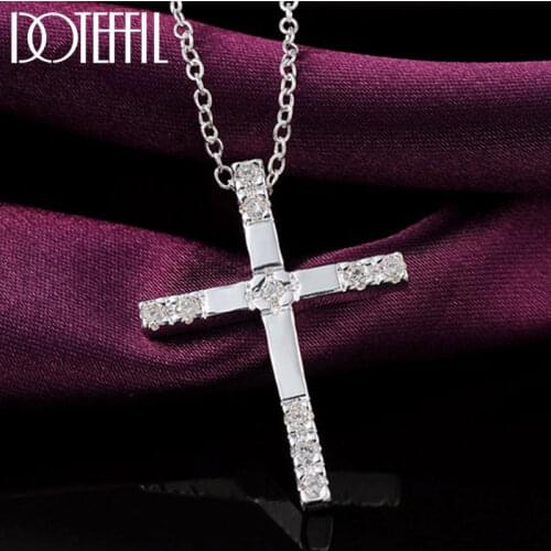 DOTEFFIL 925 Sterling Silver 18 Inch AAA Zircon Cross Pendant Necklace For Women Man Fashion Wedding Party Charm Jewelry