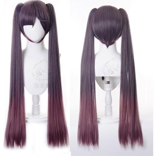 Genshin Impact Mona Cosplay Wig Long Ink Purple Clip Ponytails Heat Resistant Synthetic Hair Anime Cosplay Wigs + Wig Cap