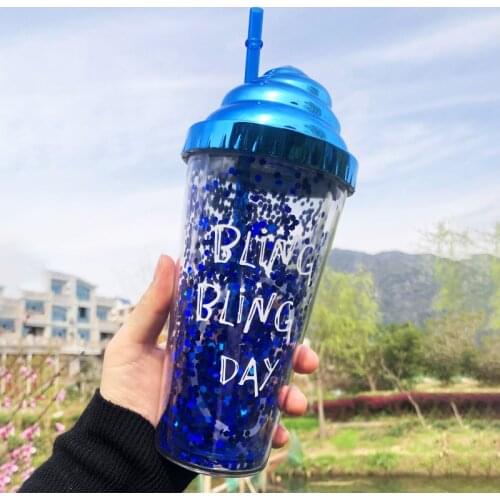 Portable Creative Diamond Sparkling Ice Cream Cup Lid Cute Double Water Cup Plastic Straw English Letter Straw Cup Gift