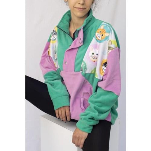 Unisex Oversize Retro Sweatshirt Vintage Multicolored Half Zipper Fleece