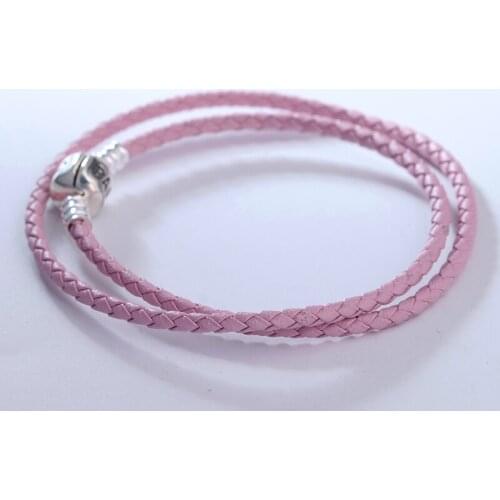 Light Pink Double Leather Bracelet Fits sterling silver Original Charms & Beads For Woman DIY Jewelry Making