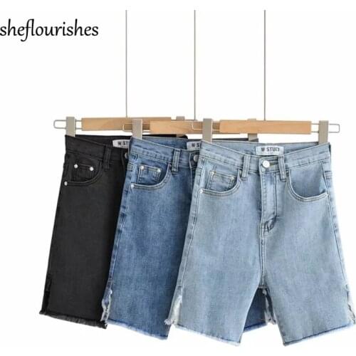 Vintage high waisted shorts women summer denim shorts straight boyfriend jeans korean tassel split jeans shorts black 2021