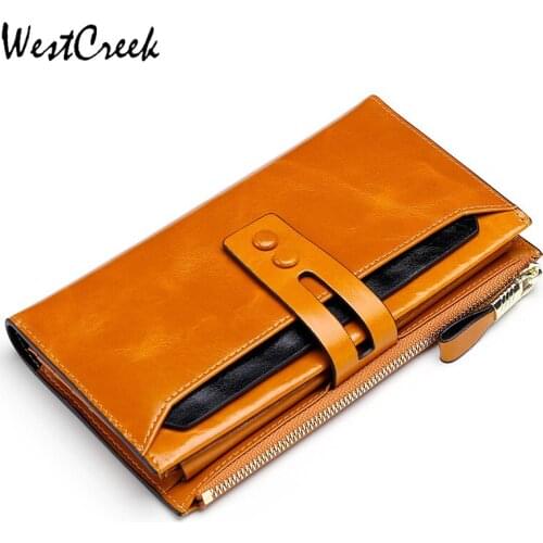 WESTCREEK Brand RFID Genuine Leather Women Casual Hasp Long Wallets Men Zipper Wallets with Detachable Credit Card Holder
