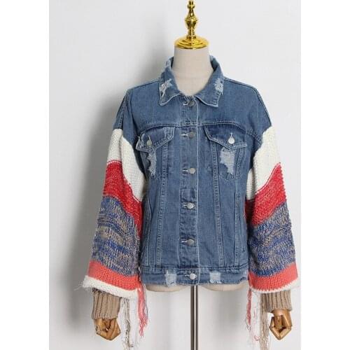 Loose Patchwork Jackets Women Retro Ripped Fashion Denim Jacket Female 2021 Autumn Winter New Contrast Color Knitted Sleeve Coat