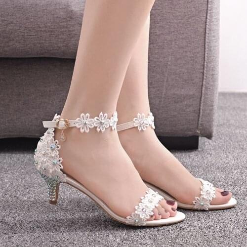 Womens High Heels Sandals White Lace Rhinestone Wedding Shoes Large Size 45 Female Pumps