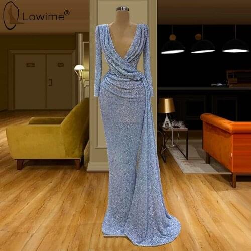 Light Blue Mermaid Evening Dresses V Neck Long Sleeve Ruched Muslim Robe De Sioree Long Party Gowns Customize