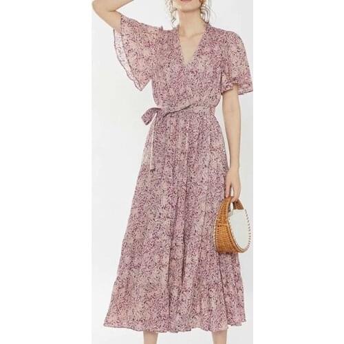 TEELYNN Boho Pink Floral Print Sashes Maxi Dresses Women vintage V-neck flare Sleeve Summer dress robe 2020 Party Long vestidos