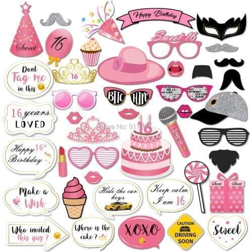44pcs Sweet 16 Years Old DIY Photobooth Props Happy Birthday Party Decorations Pink Theme Girls Photobooth Props Party Supplies