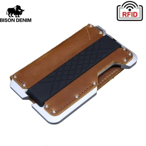 BISON DENIM Genuine Leather New Blocking Rfid Anti Theft Mens Card Holder Wallet Multifunctional Metal Mini Money Pocket QB012