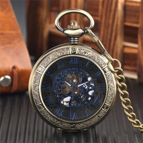 Vintage Mechanical Pocket Watch Transparent Half Hunter Roman Numerals Display Hand Winding Pocket Watch for Men Women Chain