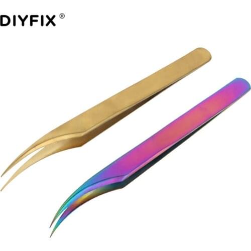 DIYFIX Eyelash Extension Tweezers Electroplating Forceps Curved Tips for Nail Art Rhinestones Gem Decor Picking Hand Tool