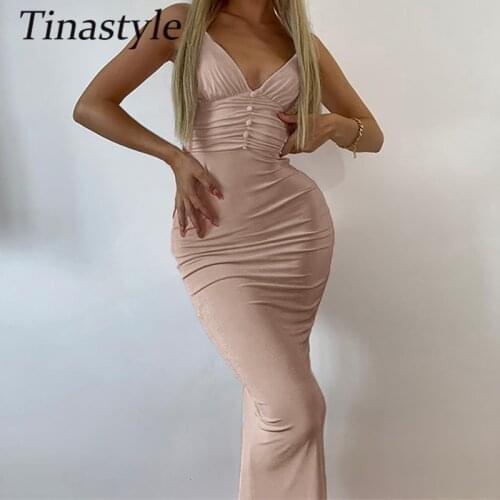 Tinastyle Solid V Neck Sexy Bodycon Dress For Women Spaghetti Strap Backless Ruched Long Party Dress Elegant Ladies Party Dress