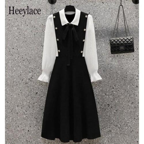 Plus Size Elegant Women Knitted Patchwork Chiffon Dress Autumn Double-Breasted Bowknot Tie Midi Dress Female 4XL Vestidos
