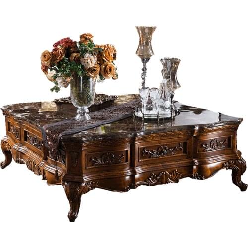 European style all solid wood carving flower tea table living room marble square tea table furniture
