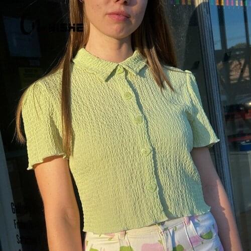 Button T-shirt Streetwear Slim Stand-up Collar Single-breasted Casual Short Sleeve Solid Color Cropped Top Aesthetic Clothes