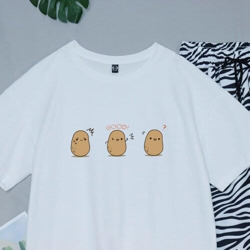 Kawaii Potatoes T Shirt Harajuku Women Oversized Cotton Best Friends Tops 90s Aesthetic Sweatpants Goth High Waist Striped Pants