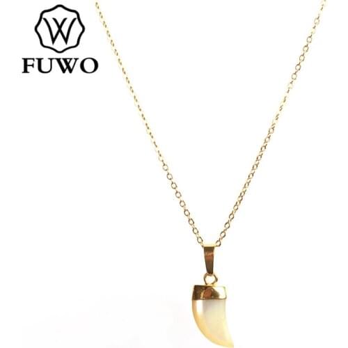 FUWO Natural Mother of Pearl Necklace with Gold Trimmed Hand Carved Horn Shape Shell Pendant Jewelry For Women NC524