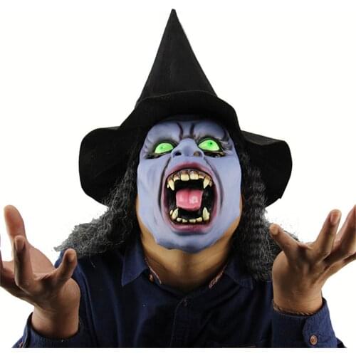 Halloween Green Eye Witch Hat Hair Horro Scary Ghost Cosplay Costume Prop Latex Face Mask Masquerade Party Headwear Dress Up