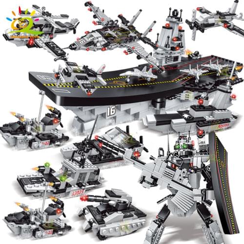 HUIQIBAO TOYS 1080pcs 8in1 Military Warship Building Blocks Set Army Weapon Boat Car Truck Helicopters Bricks For Children Kids