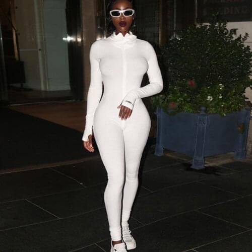 Lucky Label Jumpsuit Womens Spring Autumn Solid Elastic Skinny Zipper Long Sleeve Ladies Bodycon Playsuit Slim Female Overalls