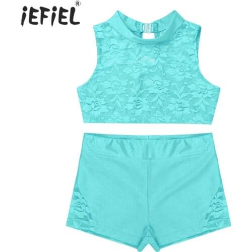 Floral Lace Girls Clothes Set Ballet Dance Gym Workout Kids Outfit Set Summer Fashion Solid Sleeveless Tank Tops with Bottoms