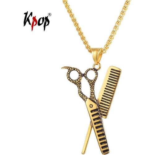 Kpop Scissors Comb Necklace Stylist Rock Punk Jewelry Stainless Steel Gold Color Hairdresser Necklace Pendant Necklace Men P3244